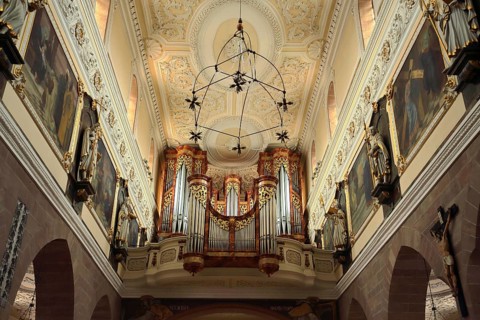 Interior view with organ of the Gothic Münster, Gallery, Münsterplatz, Villingen,