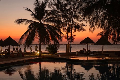MICHAMVI KAE, ZANZIBAR - OCTOBER 19, 2025: Silhouetted palm trees and thatched umbrellas frame a