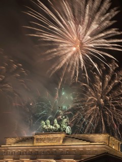 Fireworks over the Brandenburg Gate in Berlin, Germany, during New Year concert and celebrations