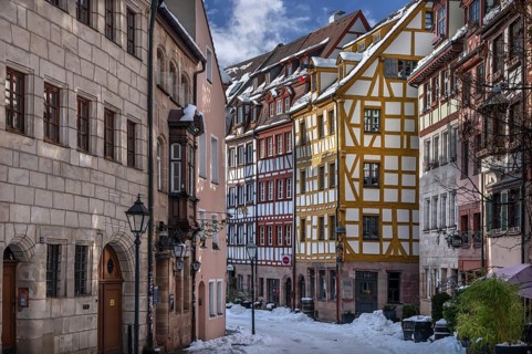 Historic half-timbered houses in Weißgerbergasse in winter, Nuremberg, Middle Franconia, Bavaria,