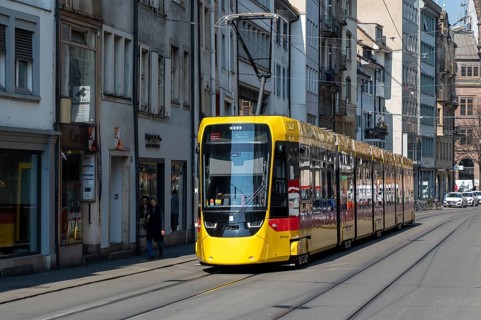 Baselland Transport AG yellow tram in downtown Basel, Canton of Basel-Stadt, Switzerland
