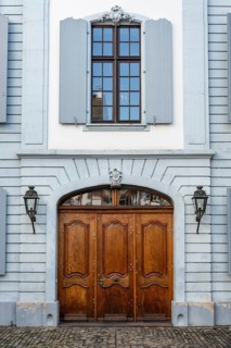 Portal, entrance door Oakwood door from the Seidenhof, a baroque building in the old town of Basel,