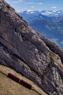 Pilatus railway, steepest cogwheel railway in the world from Alpnach to the Pilatus, behind it