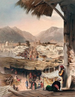 City of Kandahar, with main bazaar and citadel, Afghanistan. Coloured lithograph by R. Carrick
