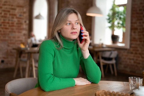 A woman in a green sweater talks on her phone while sitting at a wooden table in a cozy cafe, with