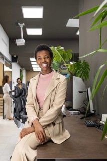 A professional woman in a beige suit sits on a desk, smiling confidently in a modern office. The