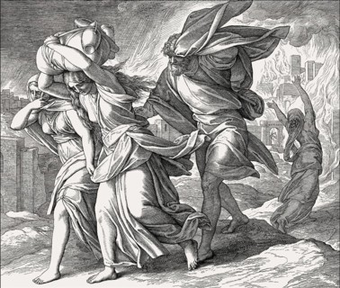 Lot and his family fleeing from burning Sodom and Gomorrah, Old Testament, by Julius Schnorr von