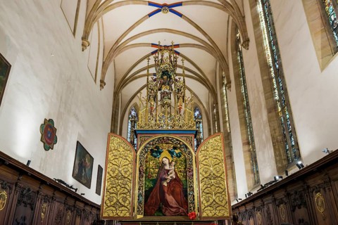 Famous medieval painting, Madonna in the Garden of Roses, by Martin Schongauer, Dominican Church,