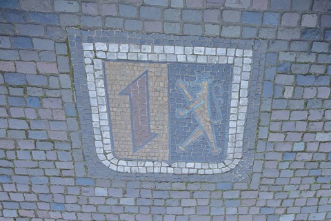 City coat of arms as floor mosaic, paving stones, Friedrichplatz, Mannheim, Rhine-Hesse region,