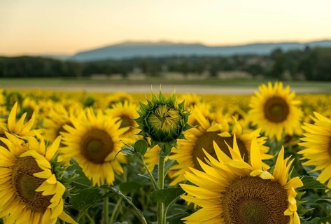 A picturesque sunflower field at sunset with a single budding flower in Geneva, Swiss. The vibrant