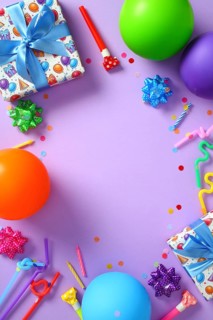 Festive birthday party flat lay with gifts, balloons, and confetti on purple background