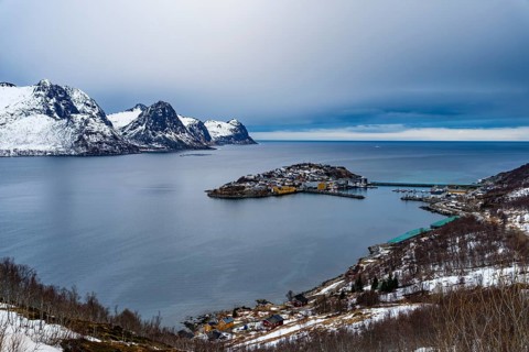 Husøy island in the fjord, snow-capped mountains behind it, Senja island, Troms, Norway