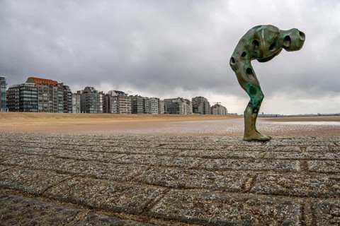 Art on the North Sea beach, in Knokke-Heist, Tomorrow Man by Cathérine François, is washed over by