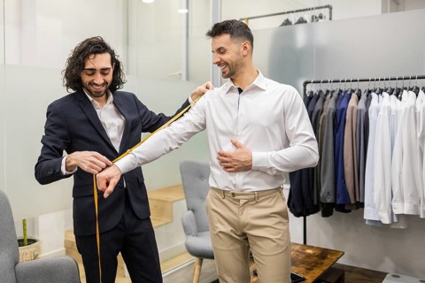 A tailor measures a client arm length in a suit store, amidst racks of shirts and suits. The tailor