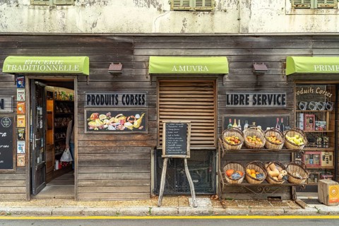 Shop selling traditional Corsican products on the main street in Zonza, Corsica, France