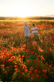 Back view of unrecognizable boy and girl siblings walking through a vibrant field of Papaver