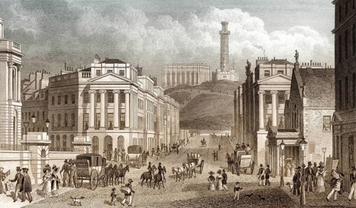 Waterloo Place, the National and Nelson's Monuments, Calton Hill, Edinburgh, Scotland, 19th