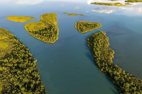 Aerial view of river Vistasjohka, branching river arms, turquoise colored water, Vistasvagge