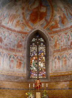 Interior view, painting in the apse, divided into three sections, choir, altar, stained glass