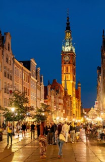 Dluga Street and Ratusz, Main Town Hall by night, Gdansk, Gdansk, Poland