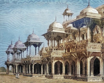 The mausoleum of the ruler Akbar, Agra, India, coloured wood engraving, reproduction from a model
