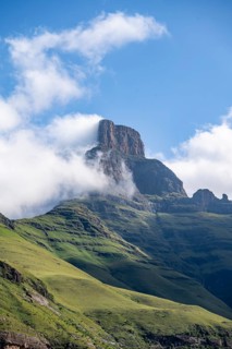 Drakensberg Mountains and Cliffs with Fog, Amphitheatre, Drakensberg National Park, KwaZulu Natal,
