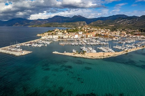 Marina and old town of Saint-Florent seen from above, Corsica, France