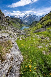 Picturesque mountain landscape, view of mountain lake Lac du Louvie and glaciated mountain peaks of
