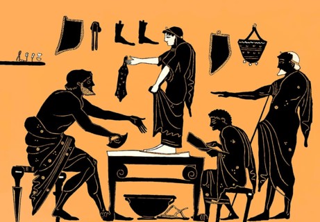 Ancient Greek shoemaker, workshop, black-figure pottery painting