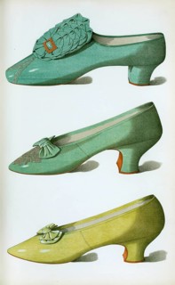 Shoe fashion in 1900, women's shoes, Eau-de-nil satin shoe worn by Miss Ada Cavendish as Lady