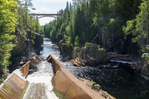 Storstupet, a rapids in the Ämån river near Orsa, a railway bridge in the background, Dalarnas län,