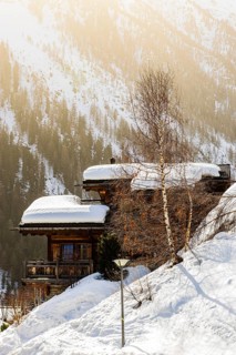 Snow-covered chalet, Grimentz, Val d'Anniviers, Valais Alps, Canton of Valais, Switzerland