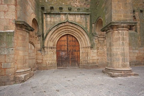 Entrance to Iglesia de Santiago, church portal, UNESCO old town, Caceres, Extremadura, Spain