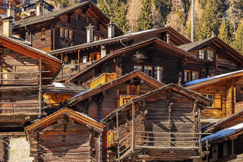 Old Farmhouses and Stadel Reservoir, Historic Town Center, Grimentz, Val d'Anniviers, Valais Alps,