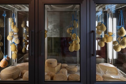 Maturing cheeses in display cases in a specialist shop. Romania