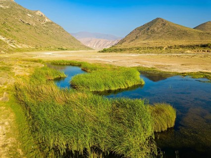 Landscape in Oman, mountains, Wadi Ashawq, road, reeds, waters Salalah, Al Mughsyal / Wadi Ashawq,