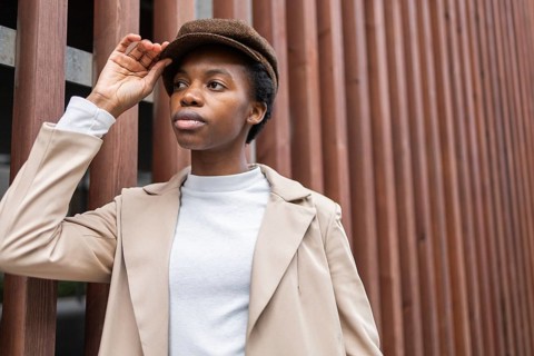 Black woman in fashionable hat and coat poses against a wooden urban backdrop, exuding confidence