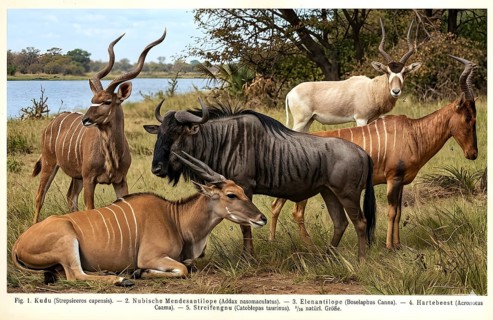Display board antelopes, historical illustration, digitally processed, animal world, animal