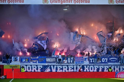 Fan block, fans, fan curve, flags, atmosphere, atmospheric TSG 1899 Hoffenheim Ultras Bengalos,