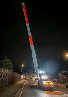 Transport of a 68 metre long, 22 tonne blade of a wind turbine, here in Schwelm, with a