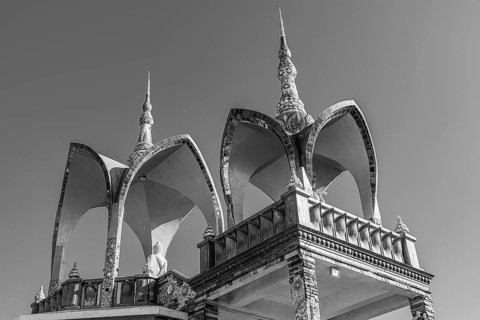 Round arch pavilions decorated with mosaics and glass works of art, black and white photo, Buddhist