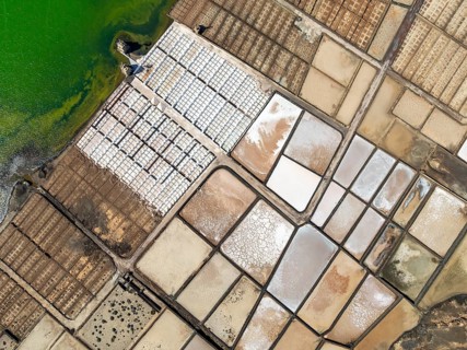 Salt mining plant, Salinas de Janubio, top-down, near Yaiza, drone shot, Lanzarote, Canary Islands,