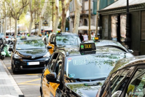 Lots of taxis on the Ramblas in Barcelona, Spain