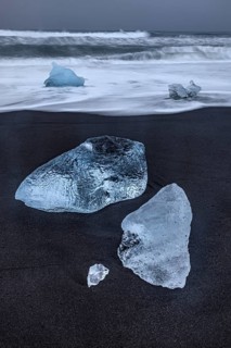 Ice floes, beach, sea, waves, cloudy, Diamond Beach, Breidamerkursandur, Jökulsarlon, Iceland