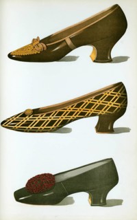 Shoe fashion in 1900, Women's shoes, Two bronze shoes, and one shoe in black glacé goatskin, Two