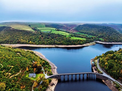 Autumn over Garreg Ddu Dam from a drone, Elan Valley, Caban-Coch Reservoir, Rhayader, Wales, UK