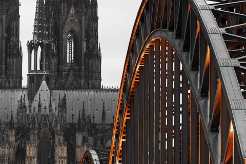 Cologne Cathedral and the Hohenzollern Bridge illuminated with LED lights, Cologne, North