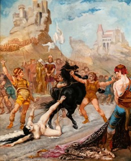 The Death of Brunhilde in the Saga of the Nibelungs, Brünhild, painting by Jean-Baptiste Cariven