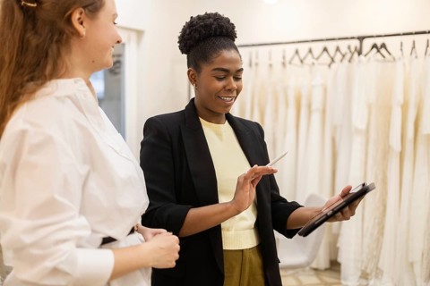 Elegant bridal boutique consultation. A consultant assists a bride to be using a tablet. The room