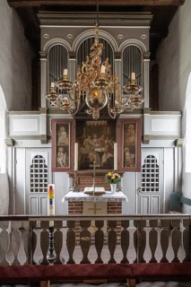 Altar of the church in fog, Amrum, Schleswig-Holstein, Germany
